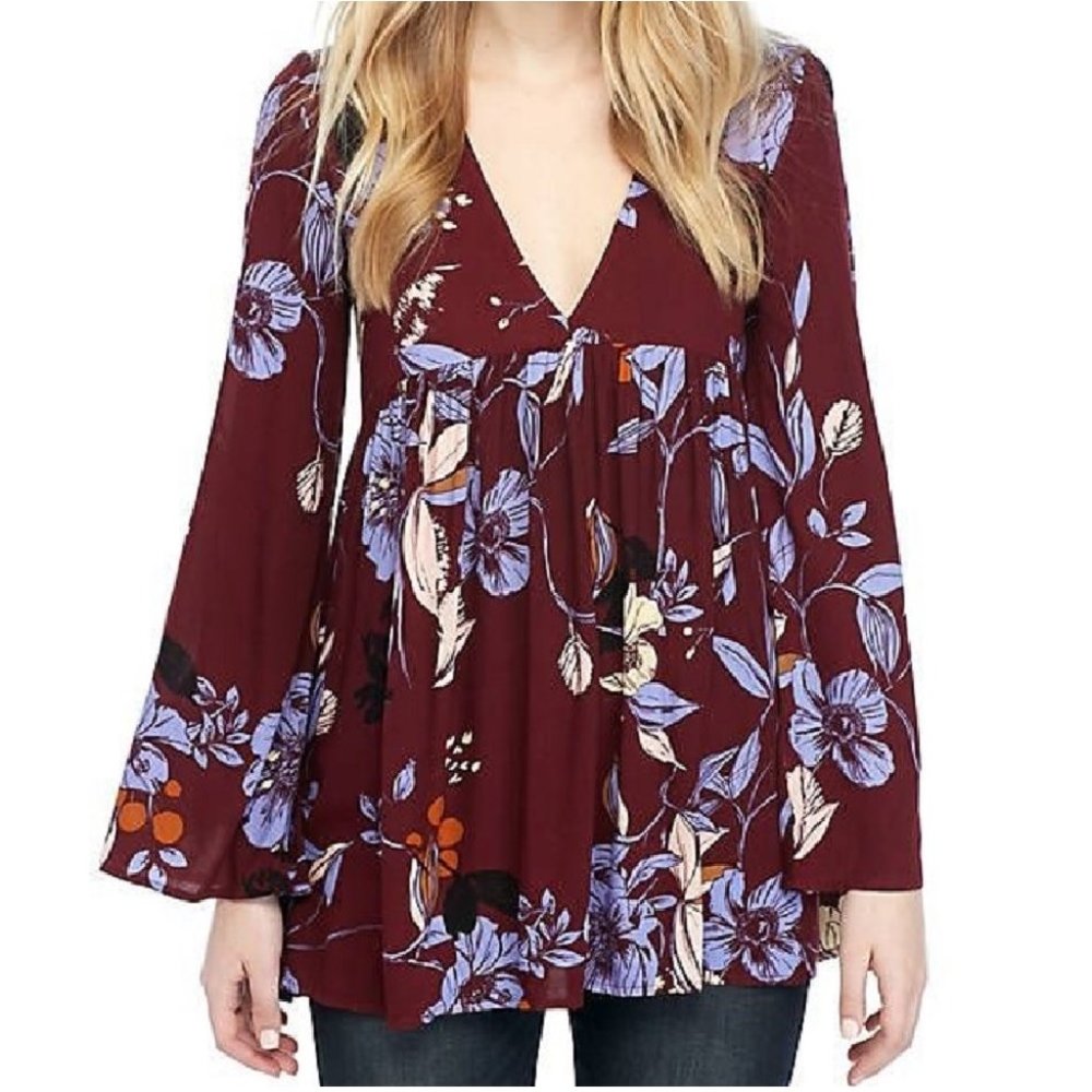 FREE PEOPLE Bella Floral Maroon Babydoll Tunic Top - Picture 1 of 9